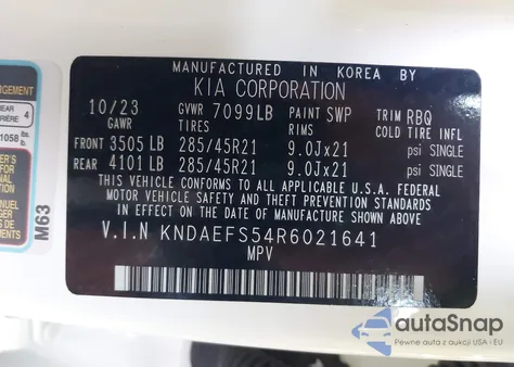 2024 Kia Ev9 Gt-Line z USA, uszkodzony, nr VIN KNDAEFS54R6021641